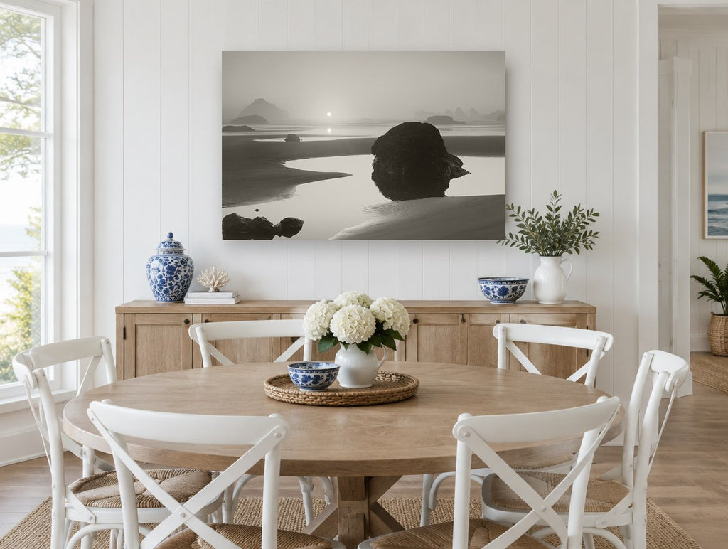Misty Tidepool Sunrise coastal canvas print on the wall of a Hamptons dining room