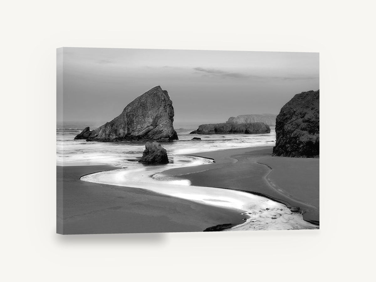 Sea Stacks at Dawn, sea stacks black and white photograph, coastal canvas wall art print ready to hang