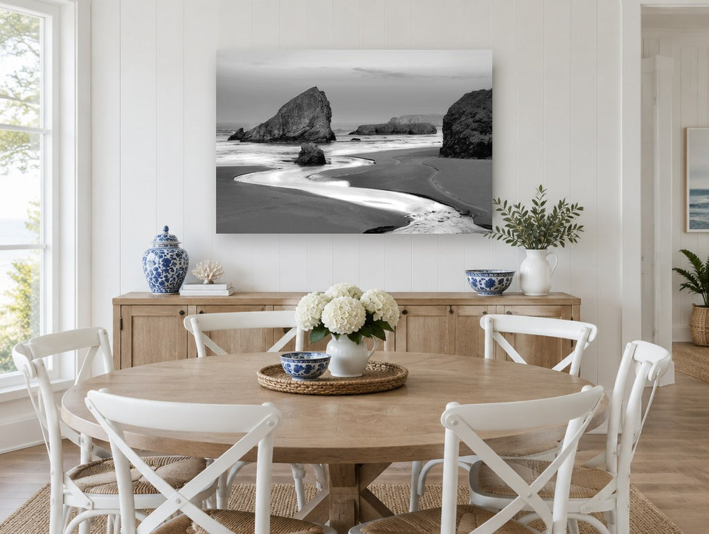 Sea Stacks at Dawn coastal canvas print on the wall of a Hamptons dining room