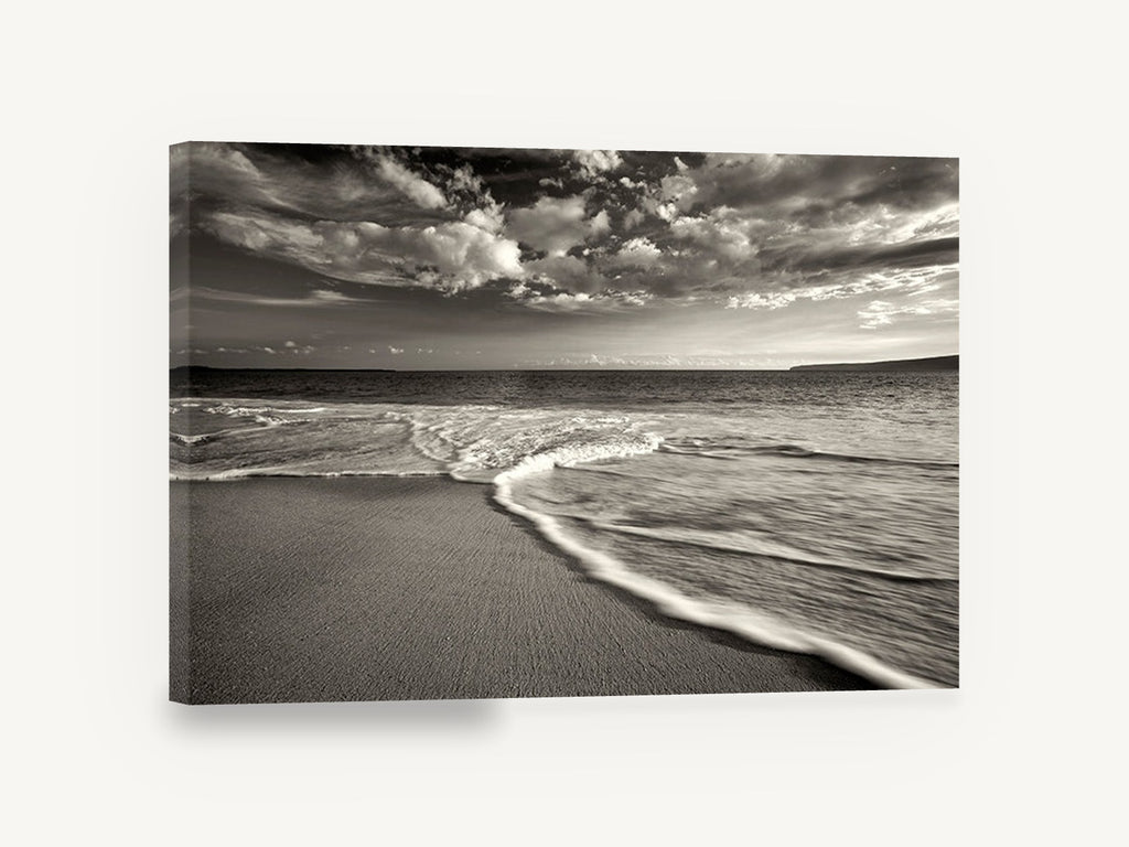 Silken Shore Tide, sepia beach wave black and white photograph, coastal canvas wall art print ready to hang