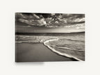 Silken Shore Tide, sepia beach wave black and white photograph, coastal canvas wall art print ready to hang