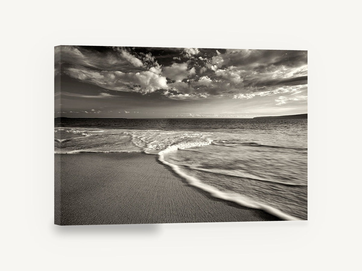 Silken Shore Tide, sepia beach wave black and white photograph, coastal canvas wall art print ready to hang