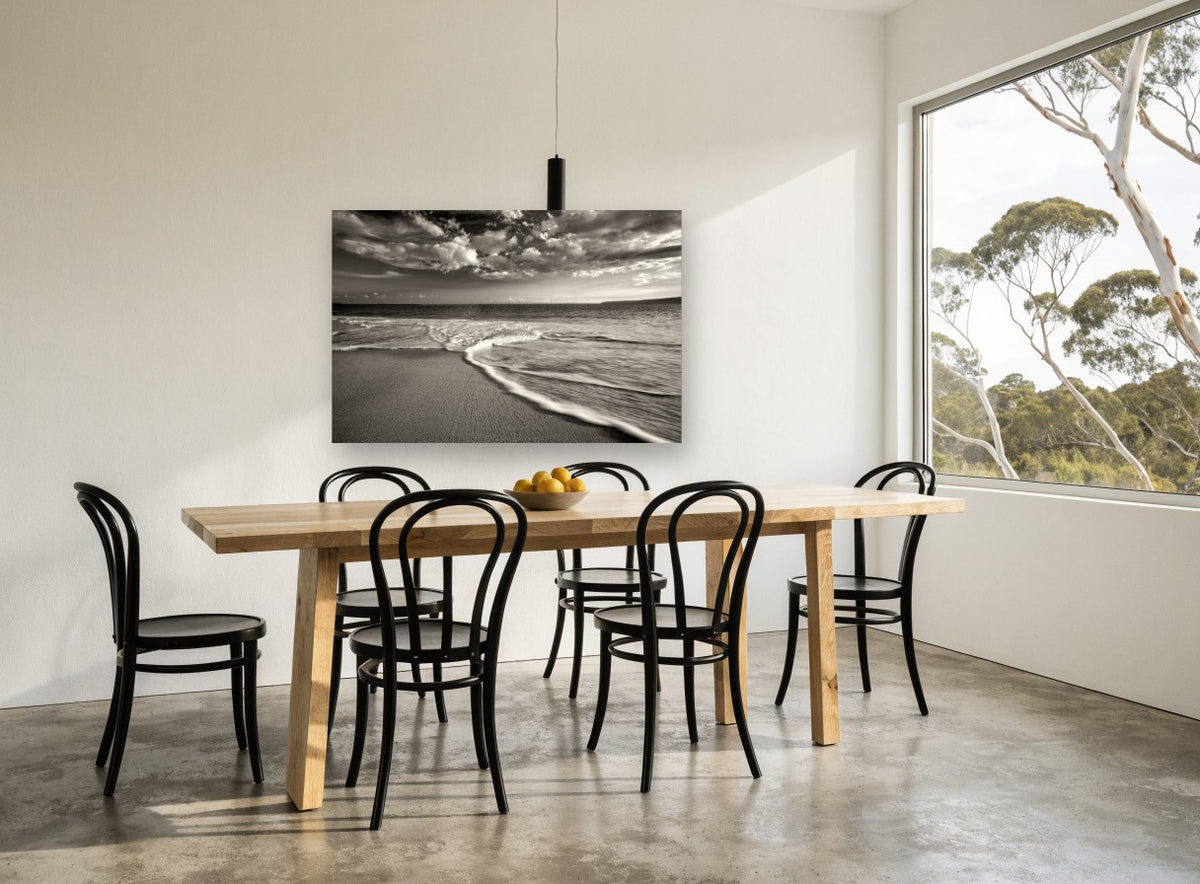 Silken Shore Tide coastal canvas print on the wall of a dining room