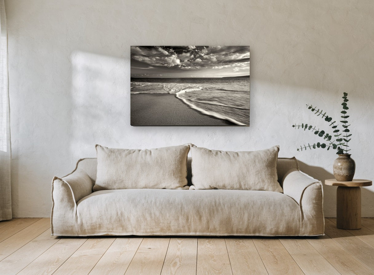 Silken Shore Tide coastal canvas print on the wall of a living room