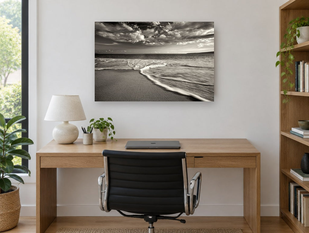 Silken Shore Tide coastal canvas print on the wall of a study