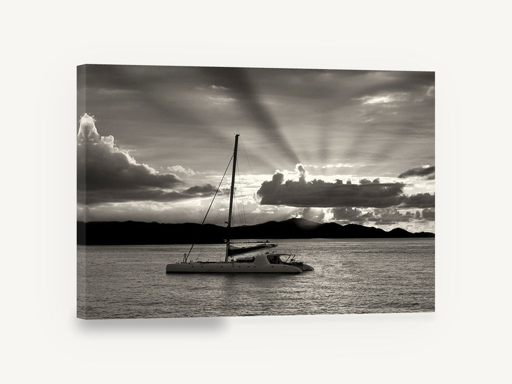 Catamaran at Dusk, catamaran sunset rays black and white, coastal canvas wall art print ready to hang