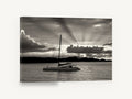 Catamaran at Dusk, catamaran sunset rays black and white, coastal canvas wall art print ready to hang