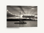 Catamaran at Dusk, catamaran sunset rays black and white, coastal canvas wall art print ready to hang