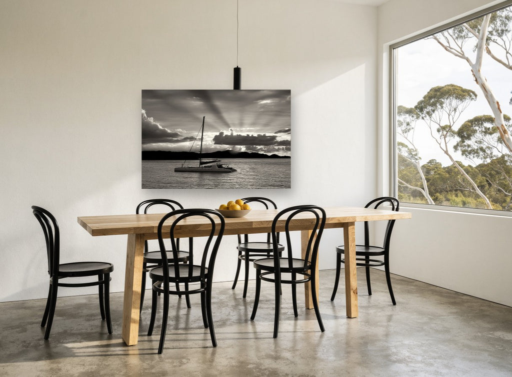 Catamaran at Dusk coastal canvas print on the wall of a dining room