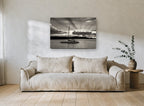 Catamaran at Dusk coastal canvas print on the wall of a living room