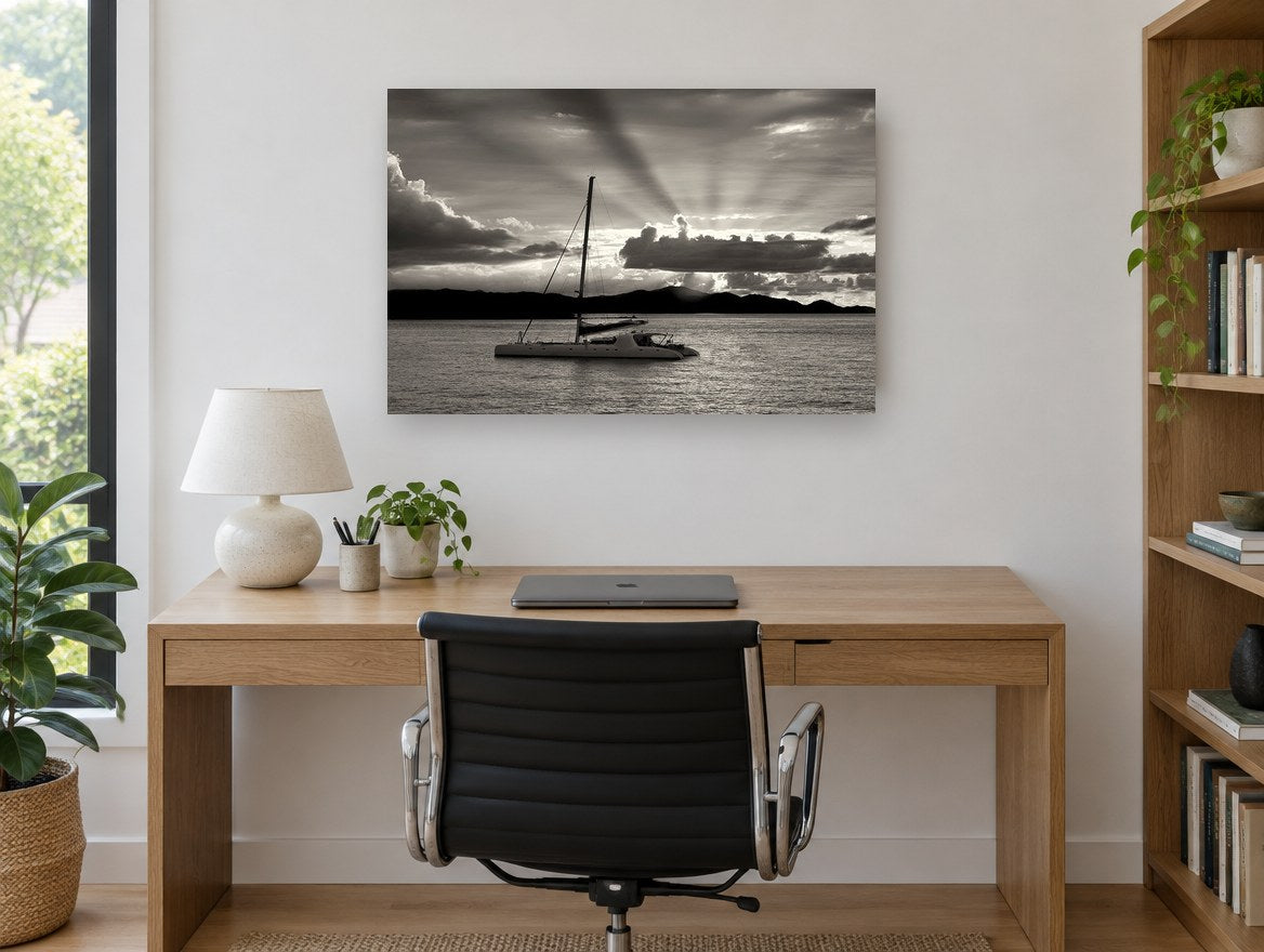 Catamaran at Dusk coastal canvas print on the wall of a study