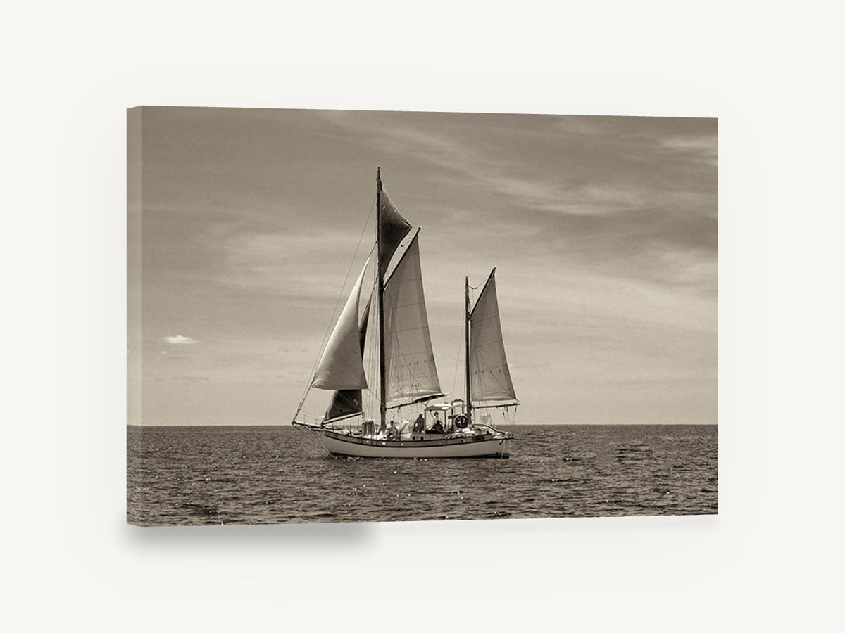 Ketch on Quiet Water, sepia ketch sailing seascape photograph, coastal canvas wall art print ready to hang