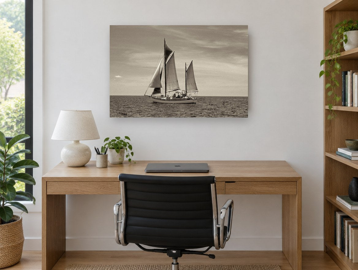 Ketch on Quiet Water coastal canvas print on the wall of a study