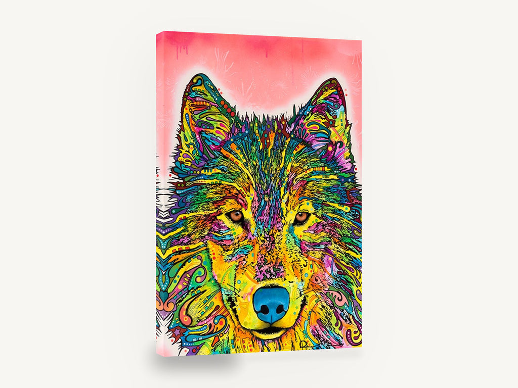Neon Pattern Wolf, colourful pop art wolf portrait, animal canvas wall art print ready to hang