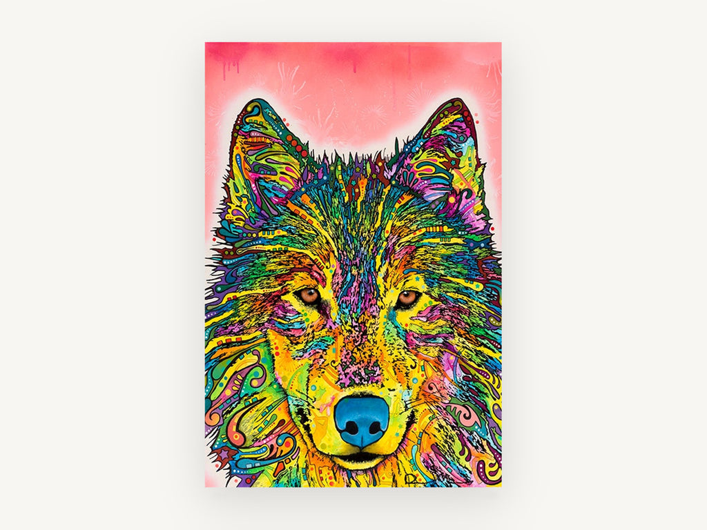 Neon Pattern Wolf, colourful pop art wolf portrait, animal canvas wall art print, front view