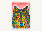 Neon Pattern Wolf, colourful pop art wolf portrait, animal canvas wall art print, front view