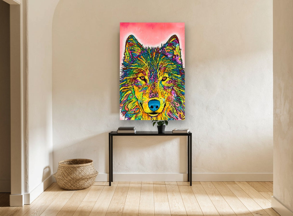 Neon Pattern Wolf animal canvas print on the wall of a hallway