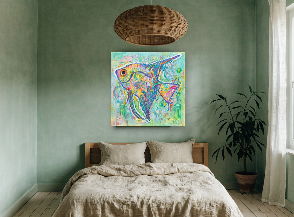 Patterned Angelfish Pop coastal canvas print on the wall of a bedroom