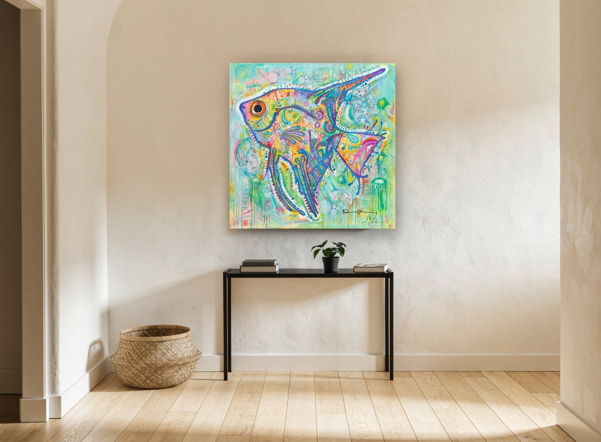 Patterned Angelfish Pop coastal canvas print on the wall of a hallway
