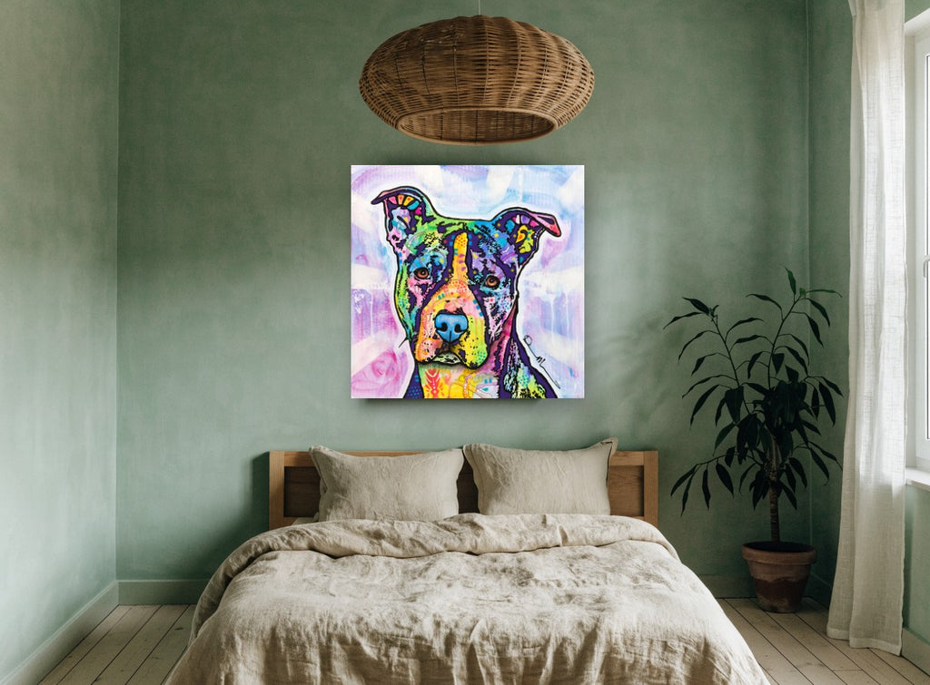 Rainbow Pit Bull Portrait animal canvas print on the wall of a bedroom