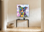 Rainbow Pit Bull Portrait animal canvas print on the wall of a hallway