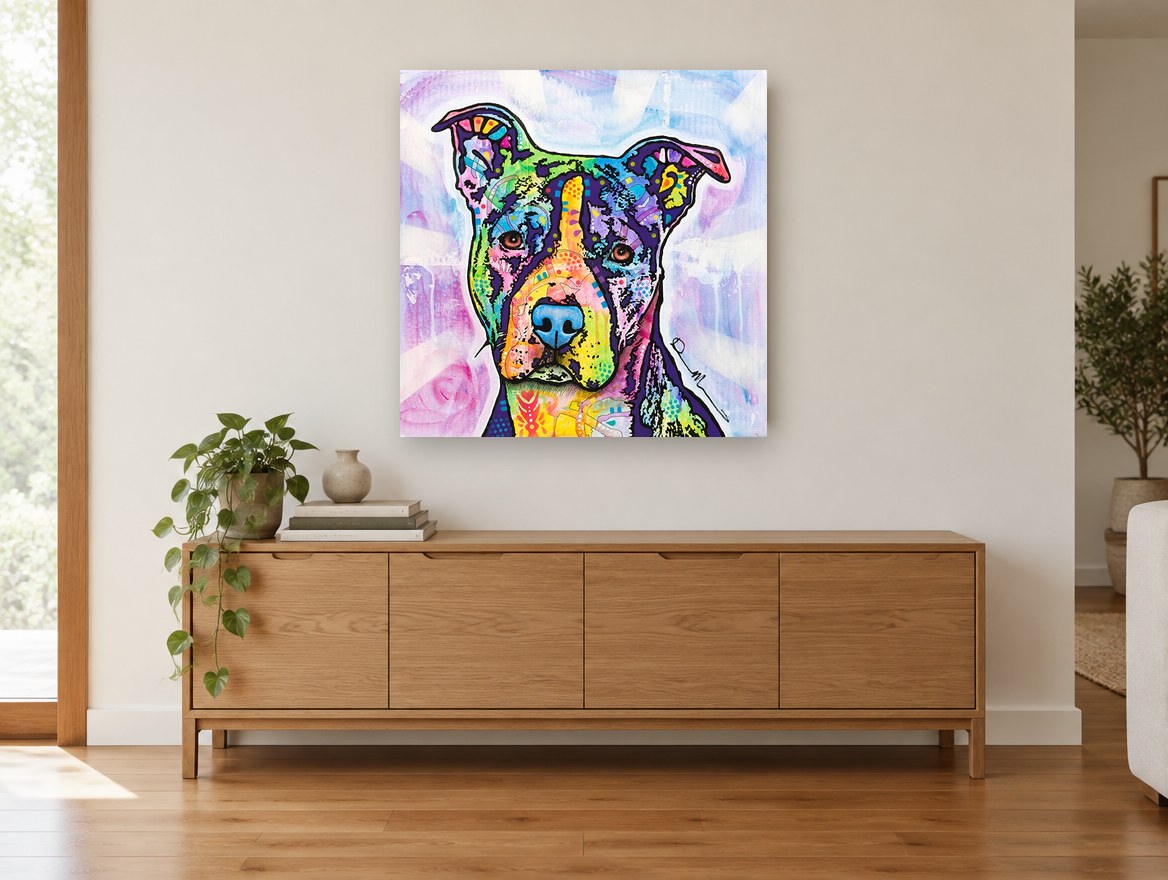 Rainbow Pit Bull Portrait animal canvas print on the wall of a living room above a sideboard
