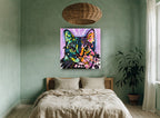 Neon Patchwork Tabby animal canvas print on the wall of a bedroom