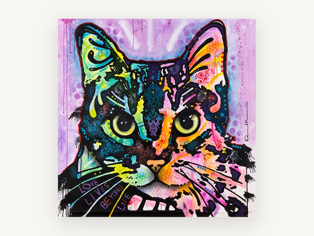 Neon Patchwork Tabby, colourful pop art cat portrait, animal canvas wall art print, front view