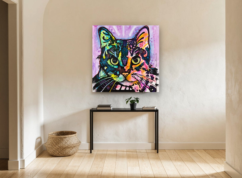 Neon Patchwork Tabby animal canvas print on the wall of a hallway