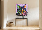 Neon Patchwork Tabby animal canvas print on the wall of a hallway