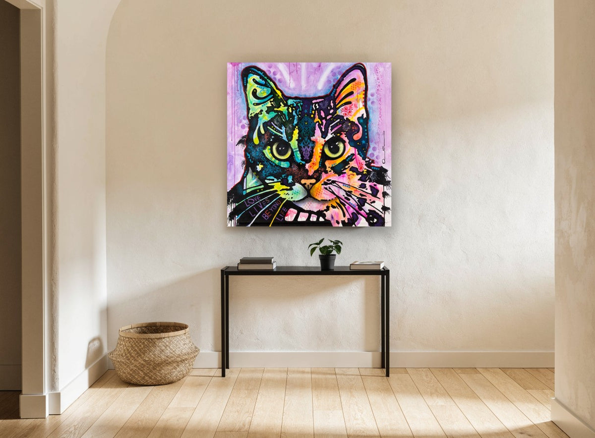 Neon Patchwork Tabby animal canvas print on the wall of a hallway