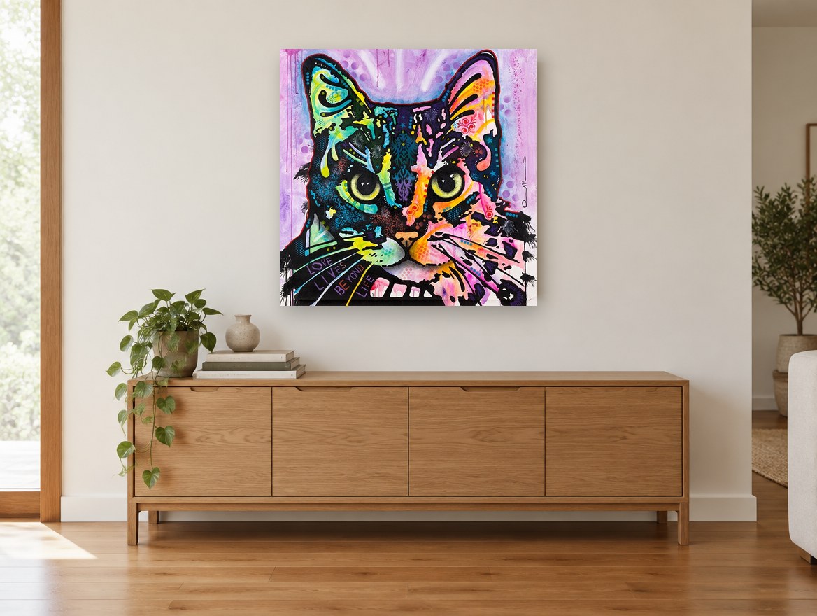 Neon Patchwork Tabby animal canvas print on the wall of a living room above a sideboard