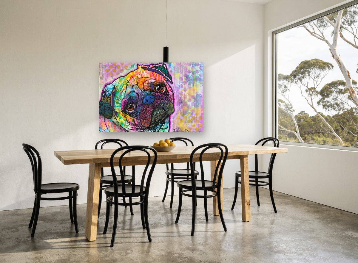 Rainbow Pug Gaze animal canvas print on the wall of a dining room