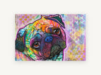 Rainbow Pug Gaze, colourful pug pop art portrait, animal canvas wall art print, front view