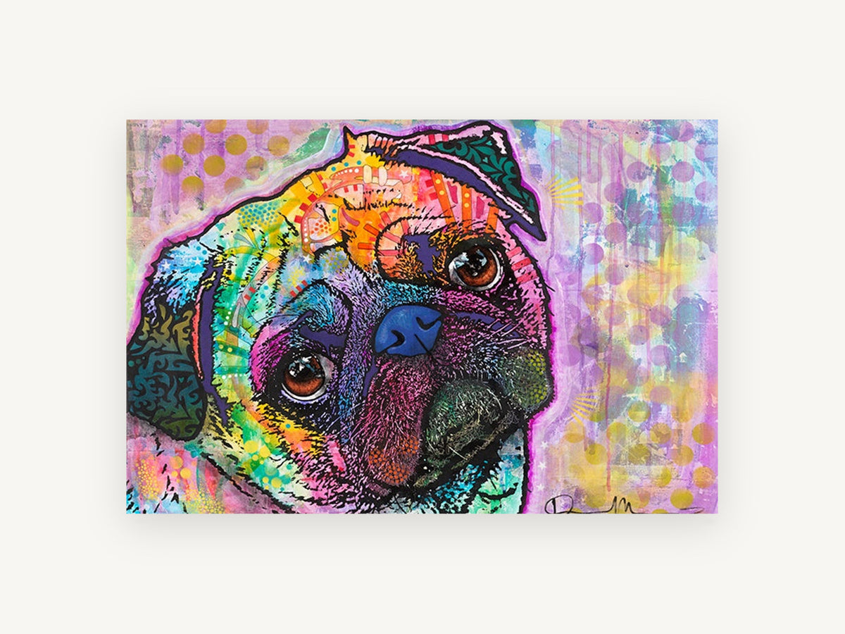 Rainbow Pug Gaze, colourful pug pop art portrait, animal canvas wall art print, front view