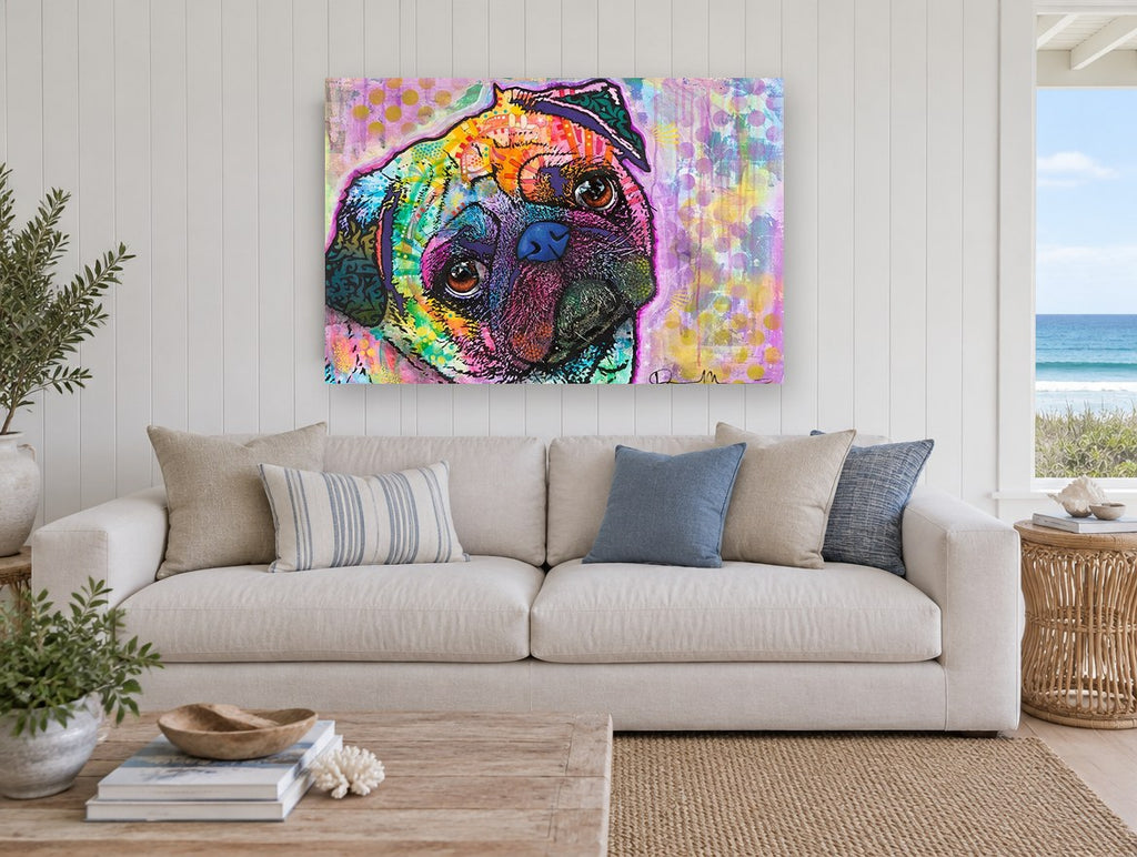 Rainbow Pug Gaze animal canvas print on the wall of a beach house living room