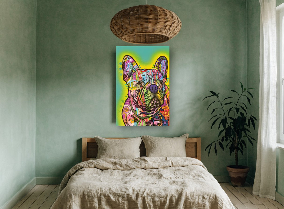 Patchwork French Bulldog animal canvas print on the wall of a bedroom