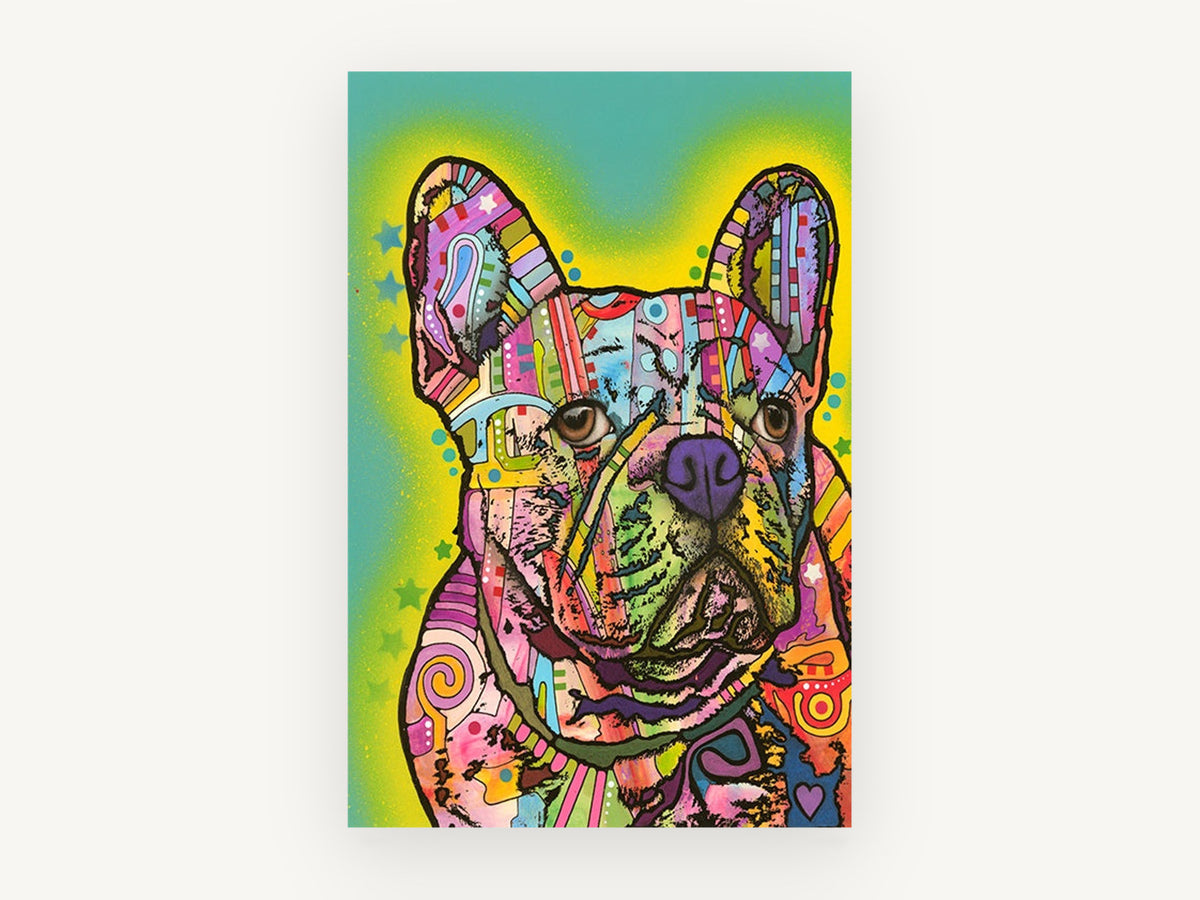 Patchwork French Bulldog, colourful pop art french bulldog, animal canvas wall art print, front view