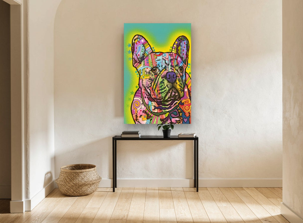 Patchwork French Bulldog animal canvas print on the wall of a hallway