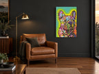 Patchwork French Bulldog animal canvas print on the wall of a charcoal living room