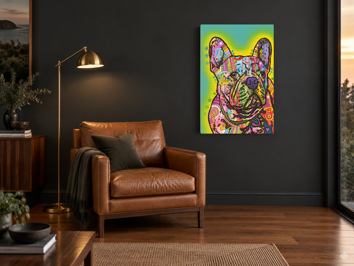 Patchwork French Bulldog animal canvas print on the wall of a charcoal living room