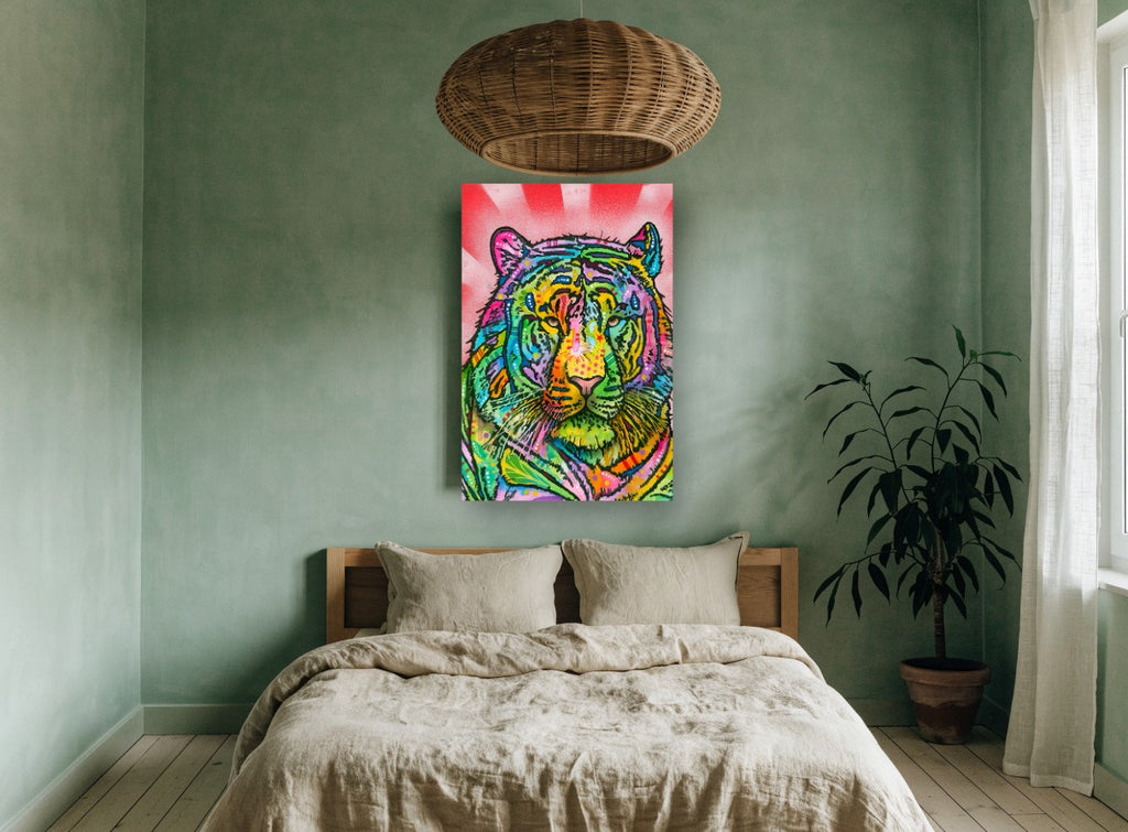 Rainbow Tiger Burst animal canvas print on the wall of a bedroom