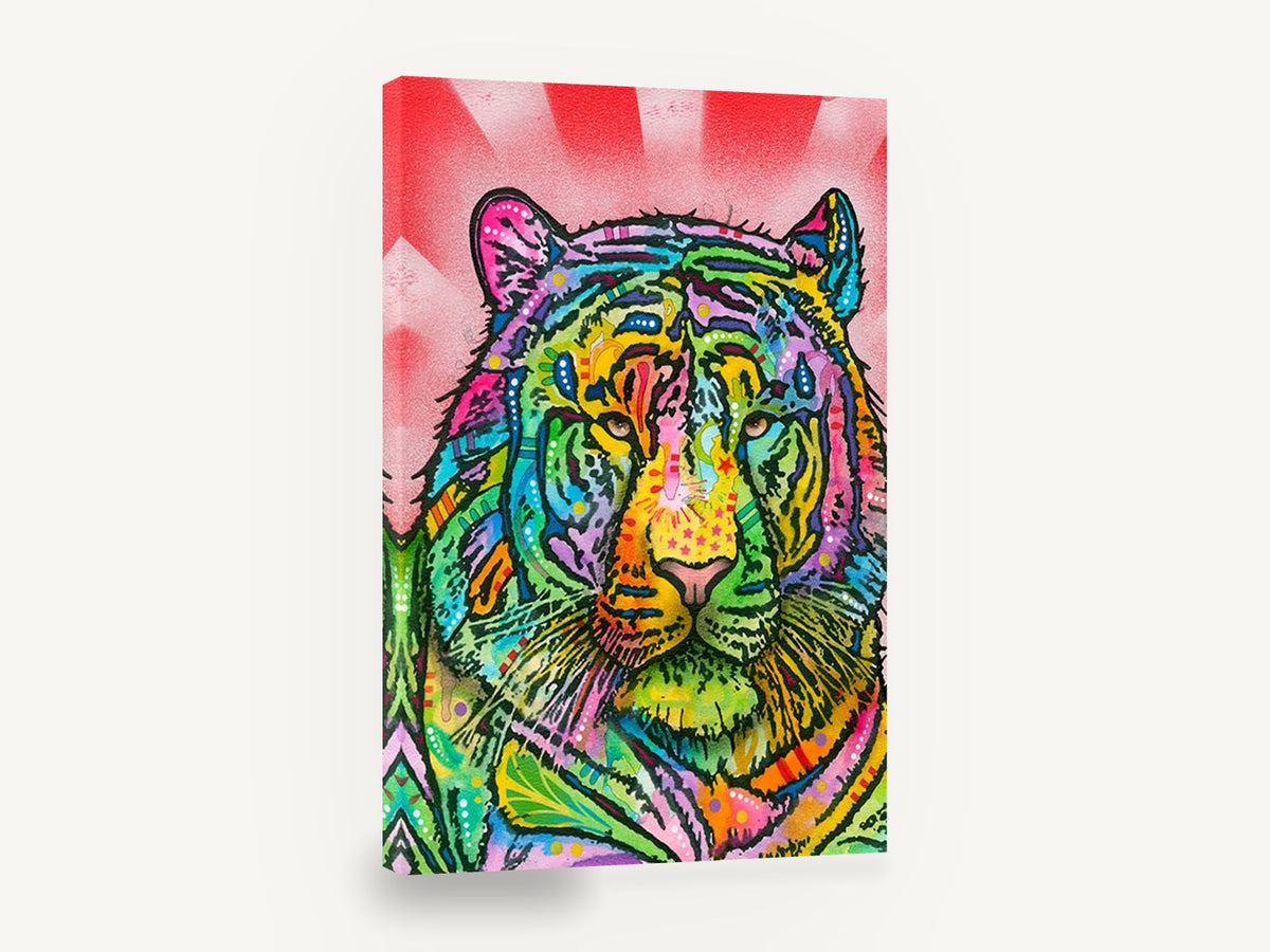 Rainbow Tiger Burst, colourful pop art tiger illustration, animal canvas wall art print ready to hang