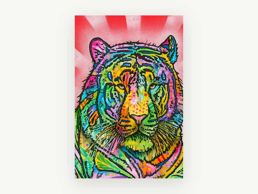 Rainbow Tiger Burst, colourful pop art tiger illustration, animal canvas wall art print, front view