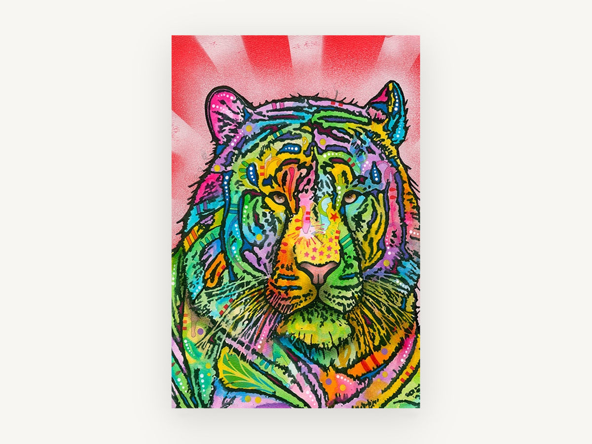 Rainbow Tiger Burst, colourful pop art tiger illustration, animal canvas wall art print, front view