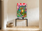 Rainbow Tiger Burst animal canvas print on the wall of a hallway