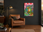 Rainbow Tiger Burst animal canvas print on the wall of a charcoal living room