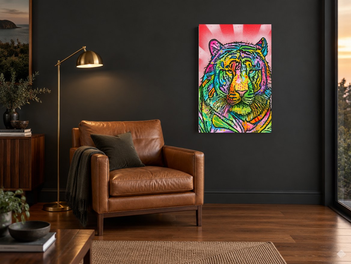 Rainbow Tiger Burst animal canvas print on the wall of a charcoal living room