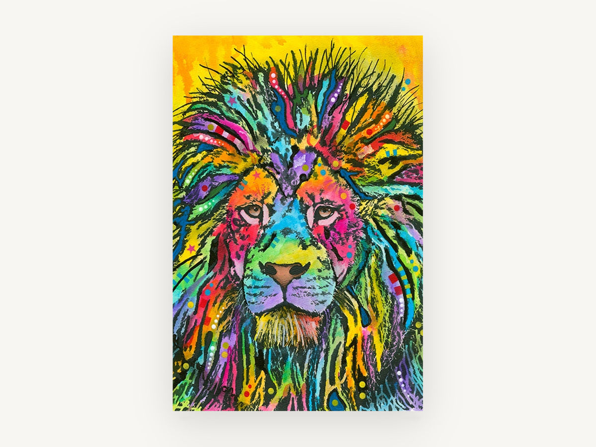 Rainbow Mane Lion, colourful pop art lion portrait, animal canvas wall art print, front view