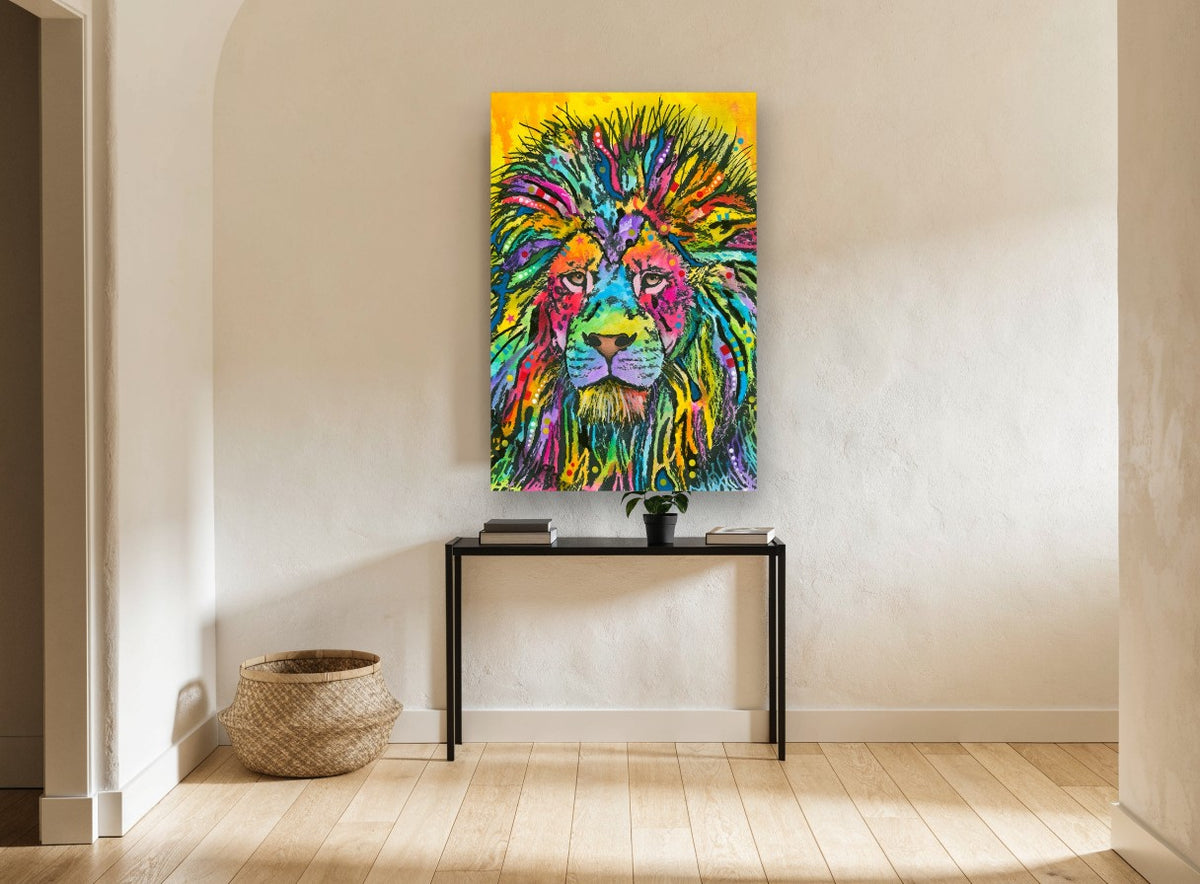 Rainbow Mane Lion animal canvas print on the wall of a hallway